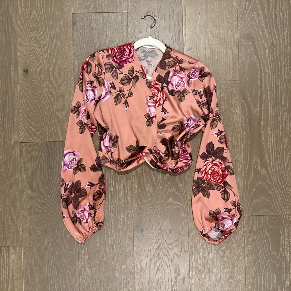 Sheike Australia Cropped Silk Floral Ruched Blush Blouse Top Size US 2